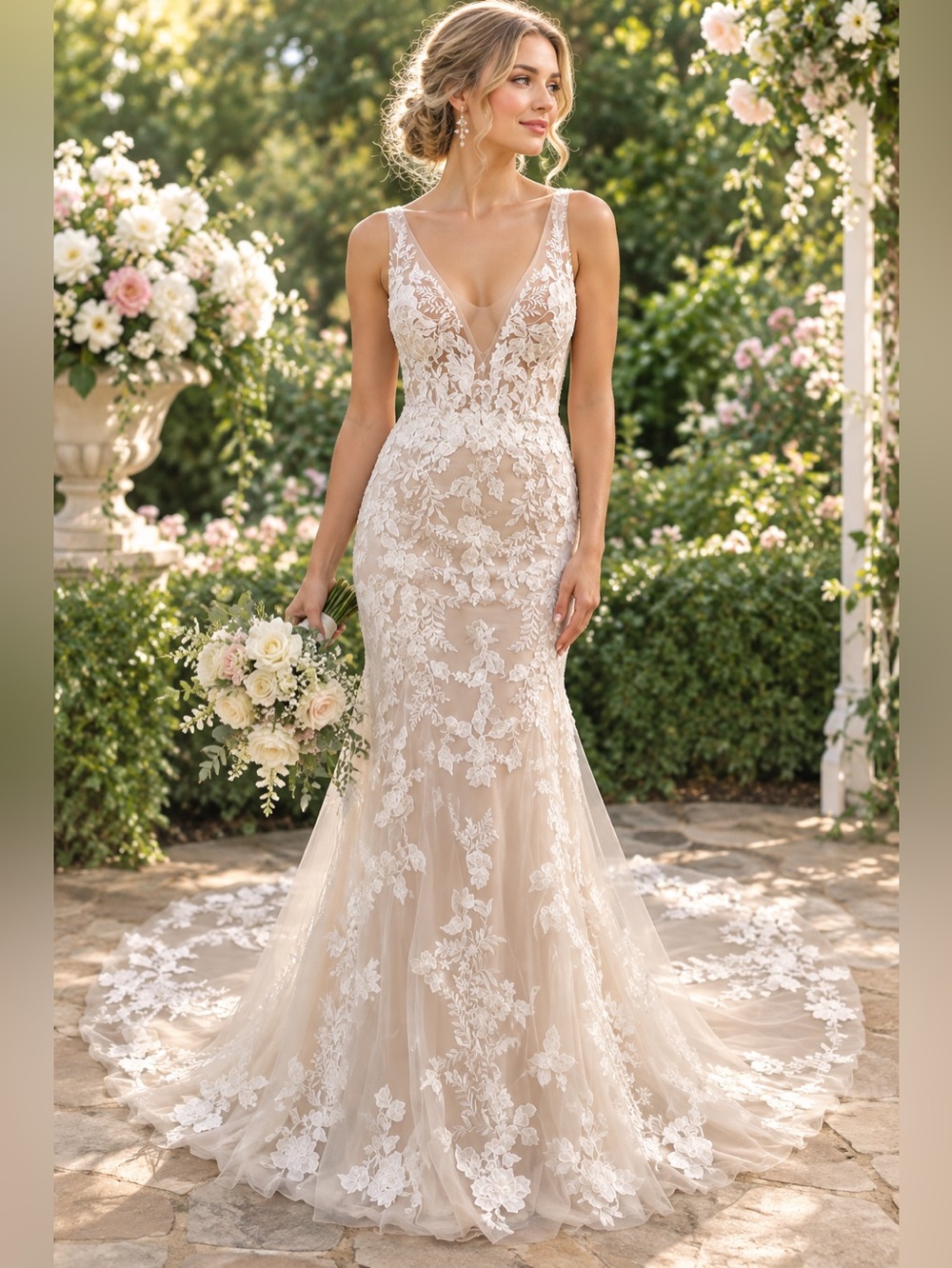 Maggie Sottero Champagne and Ivory Lace V-Neck Bridal Gown